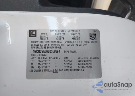 2011 Chevrolet Silverado 1500 Lt z USA, uszkodzony, nr VIN 1GCRCSE06BZ368894